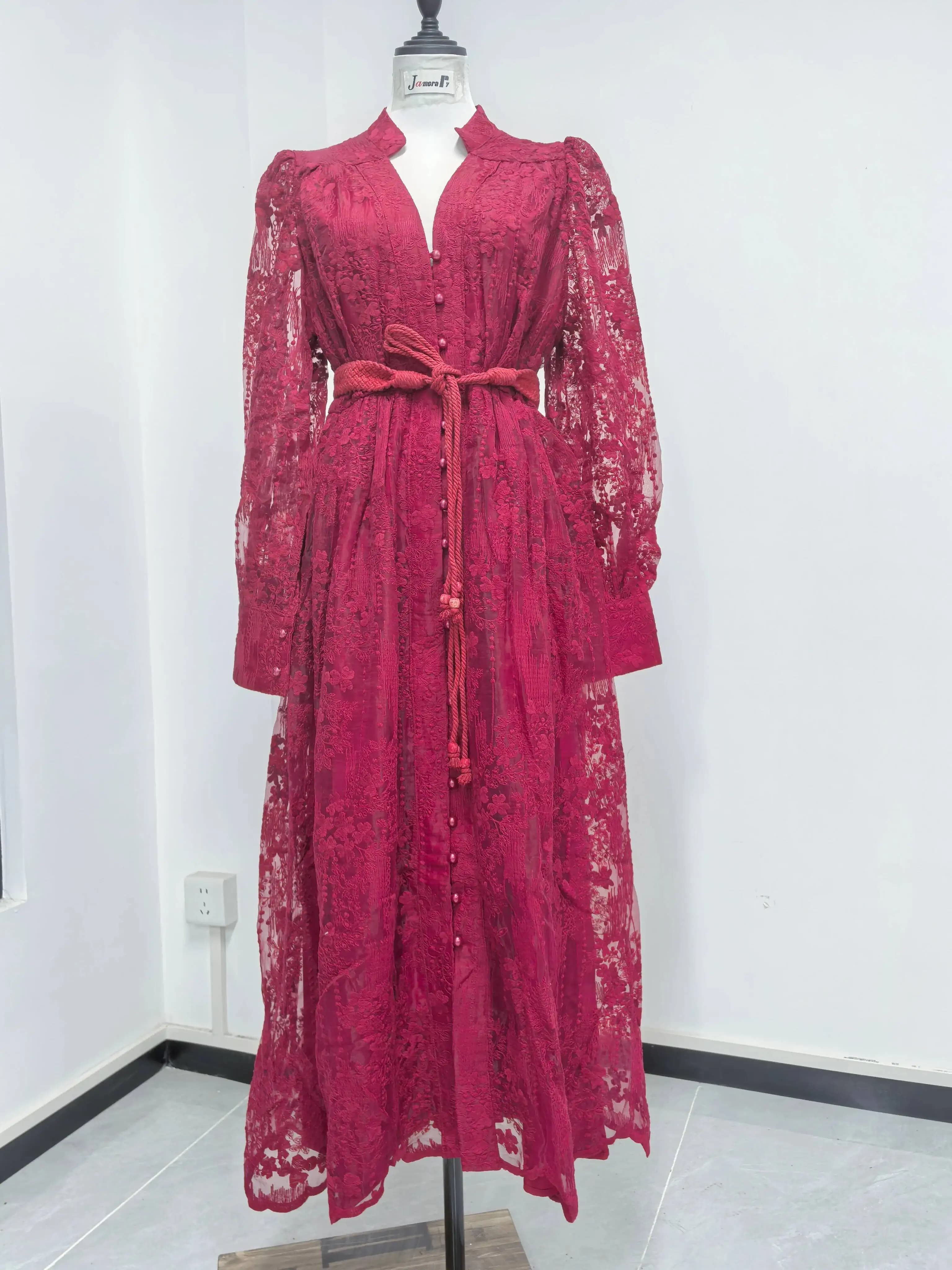 Robes formelles brodées de luxe pour femmes, lanterne d'été et d'automne, manches longues, dentelle,