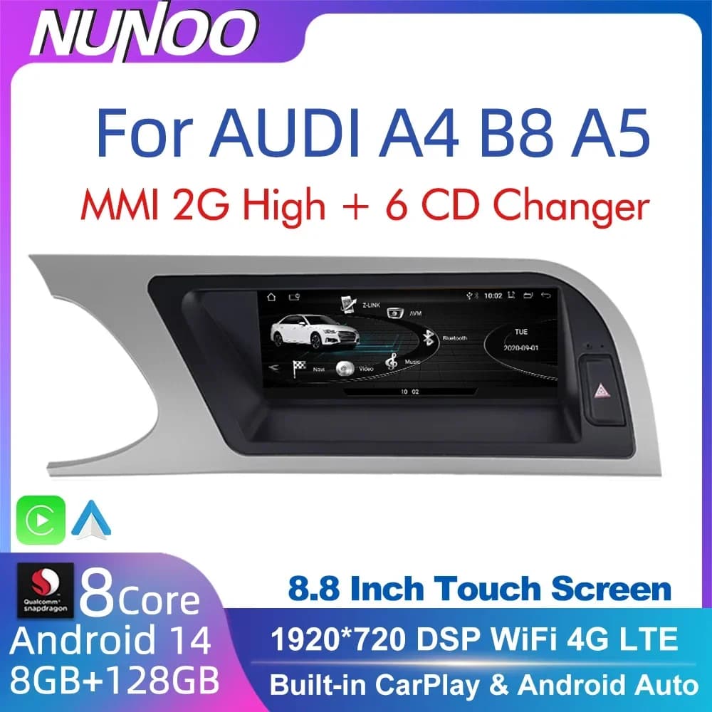 CarPlay pour Audi A4 B8 A5 2008 2009 2010 MMI 2G High CD Changer Android 14 8+128GB Lecteur multiméd