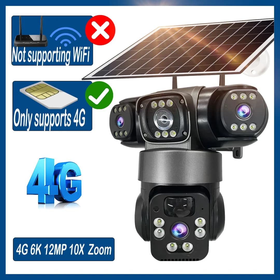 Caméra solaire extérieure 6K 12MP 4G SIM, 3 objectifs, 3 écrans de Surveillance CCTV PTZ, détection 