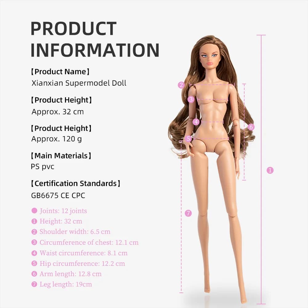 Poupée Mannequin Supermodel 32 cm FR43 FR44 Molly Girl Cheveux Bruns Peau Claire Corps Articulé 12 P