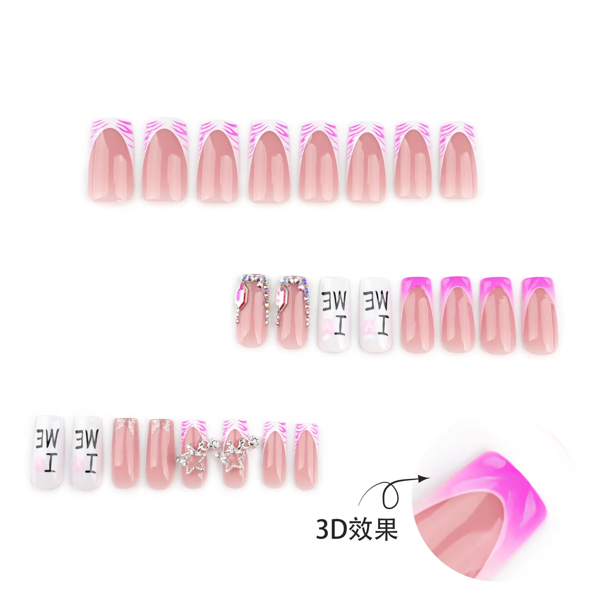 JoDecor-Faux ongles à imprimé zèbre rose, diamant flash, style français, presse sur N64.Star, Y2k, j