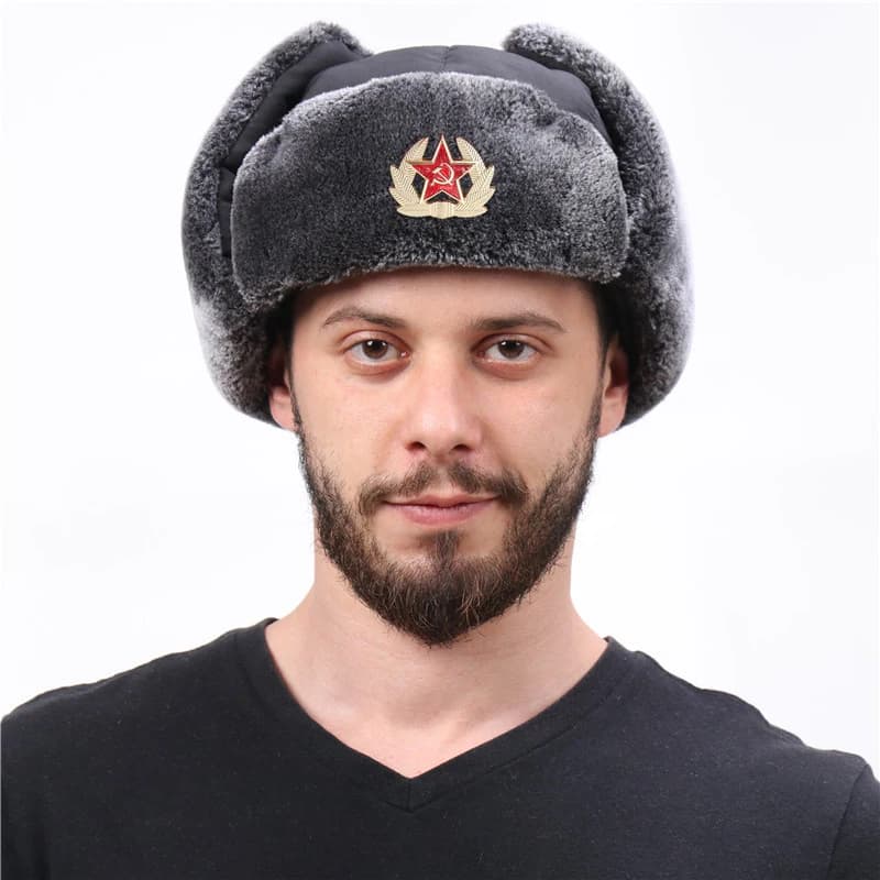 Chapeau d'hiver pour homme, chapeau de trappeur russe, avec Badge soviétique, fausse fourrure, rabat