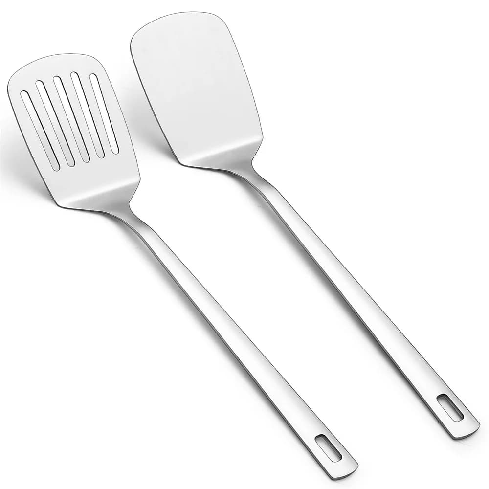 Lot de 2 spatules en acier inoxydable argenté, spatule ajourée et spatule pleine, ustensiles de cuis