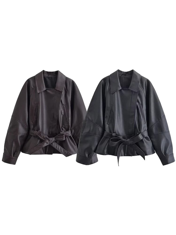 HH Spring Manteau court vintage pour femme en similicuir PU avec ceinture, à manches longues et col 