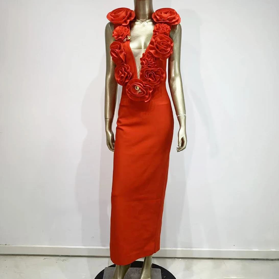 Robe moulante sexy en dentelle rouge 3D à manches longues pour femmes, robe de soirée élégante pour 