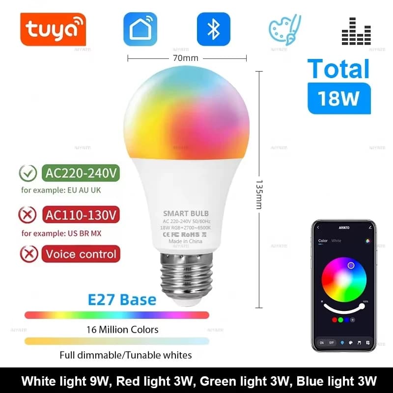 Ampoule intelligente Bluetooth Tuya, lampe Led Alexa E27 RGB, ampoules intelligentes 110V 220V, lamp