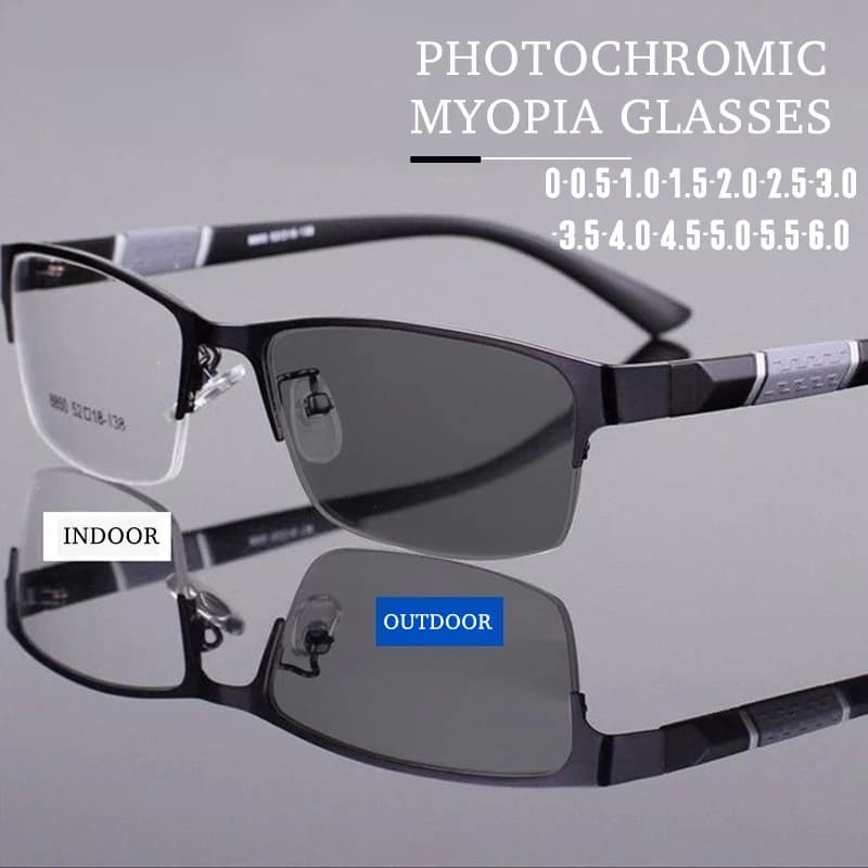 Lunettes de myopie photochromiques vintage pour hommes, demi-monture en métal, lunettes bloquant la 