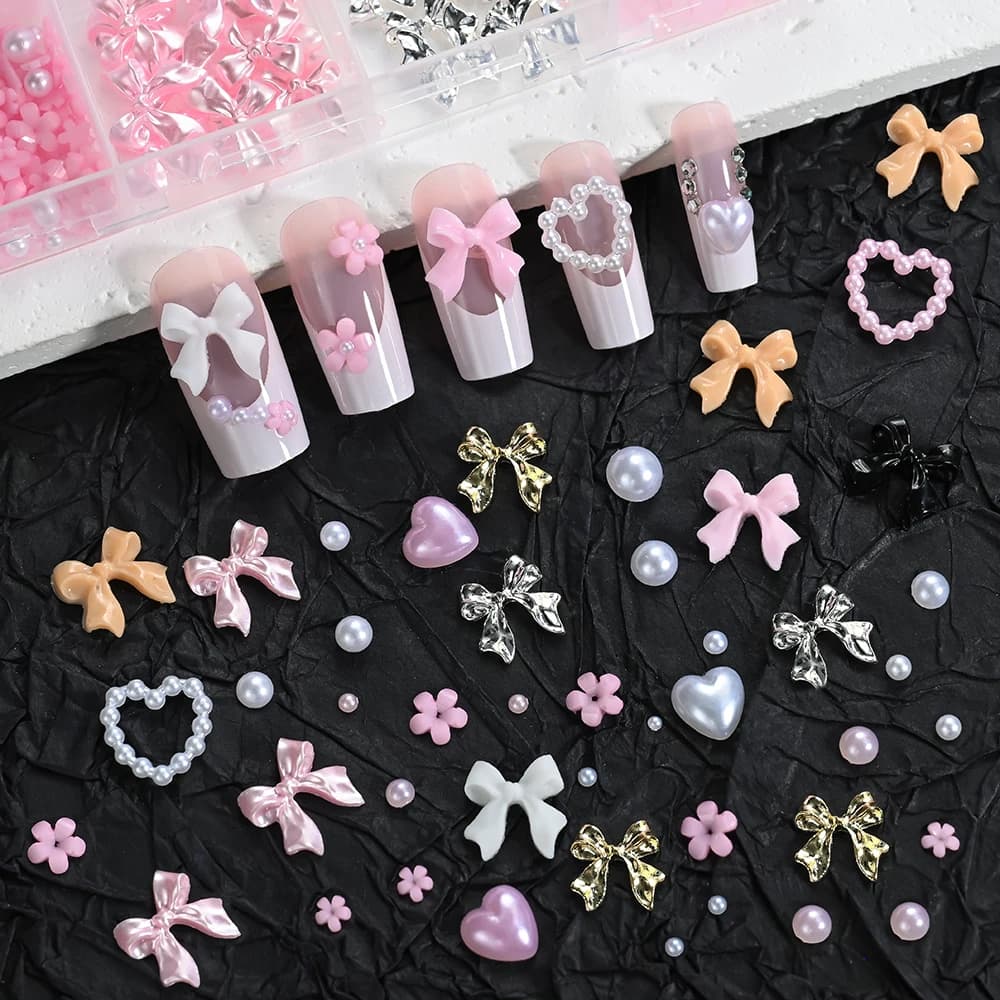 12 grilles 3D ruban multicolore fleur Nail Art breloques simulés pétales amour, nœud papillon en mét
