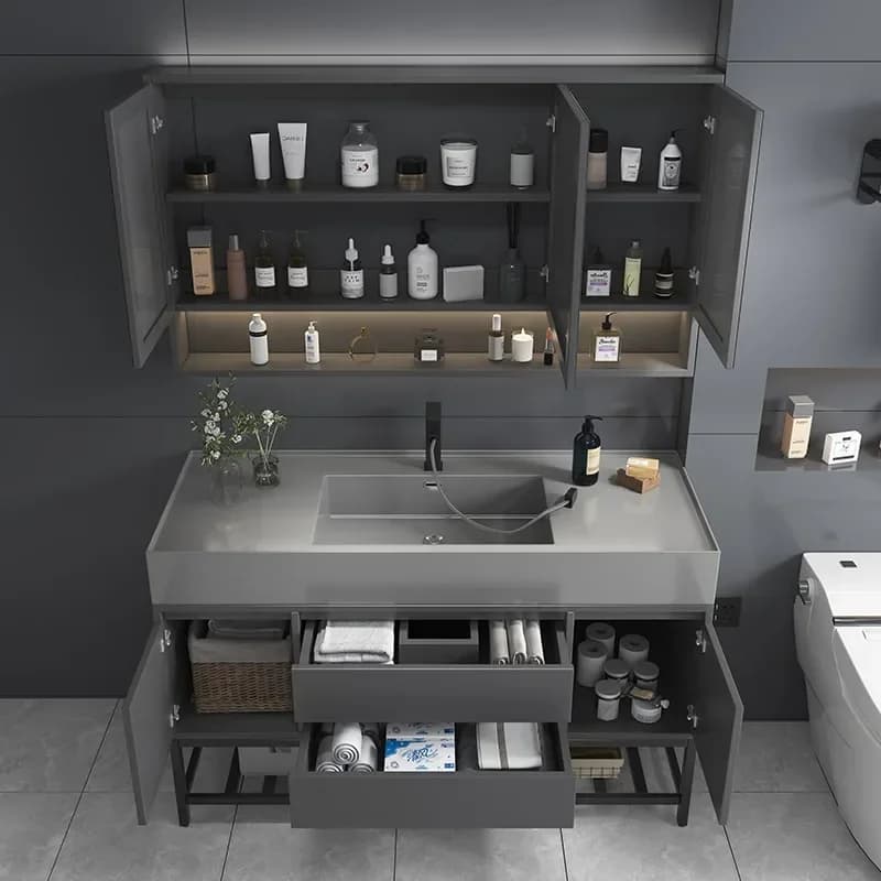 Armoire de salle de bain légère et luxueuse en bois massif, lavabo pour mains intégrées, miroir Inte