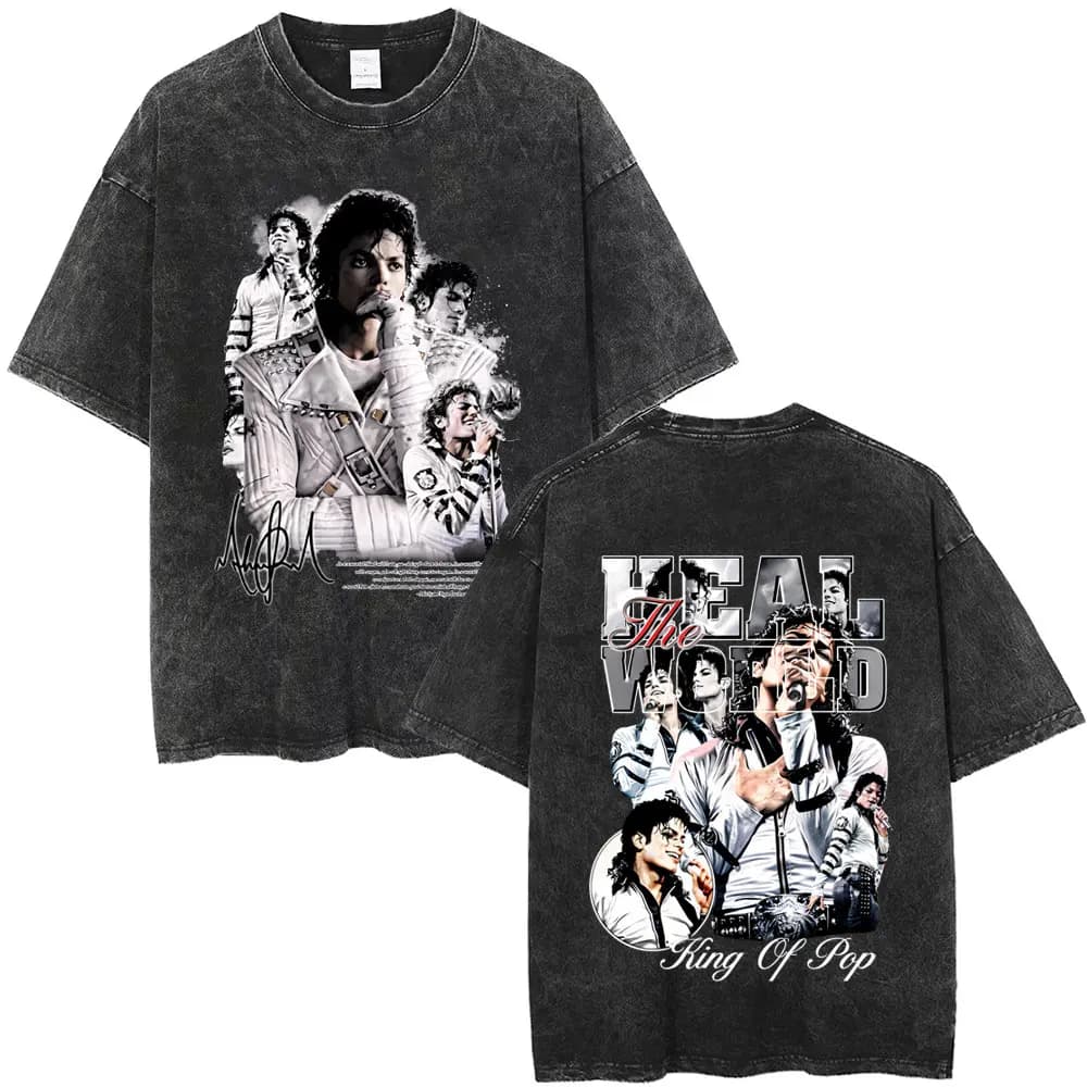 T-shirt graphique vintage lavé Michael Jackson King of Pop pour hommes et femmes, T-shirts rétro roc