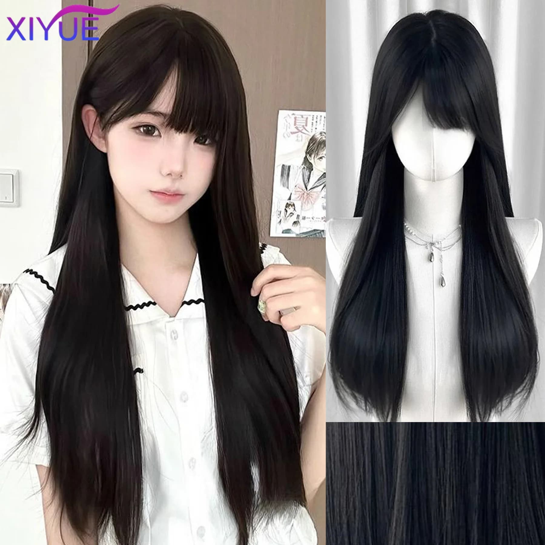 XIYUE – perruques synthétiques longues et lisses avec frange, perruques noires de fête Cosplay Lolit