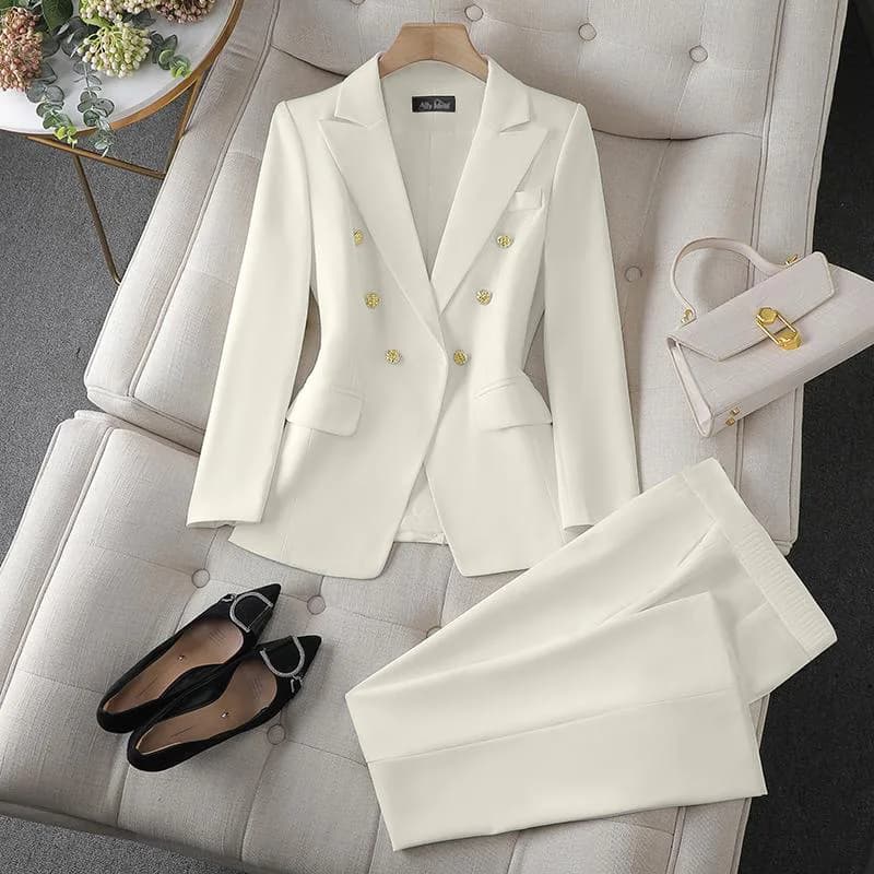 Ensemble 2 pièces de mode coréenne : Blazer à col rabattu et pantalon slim à manches longues pour fe