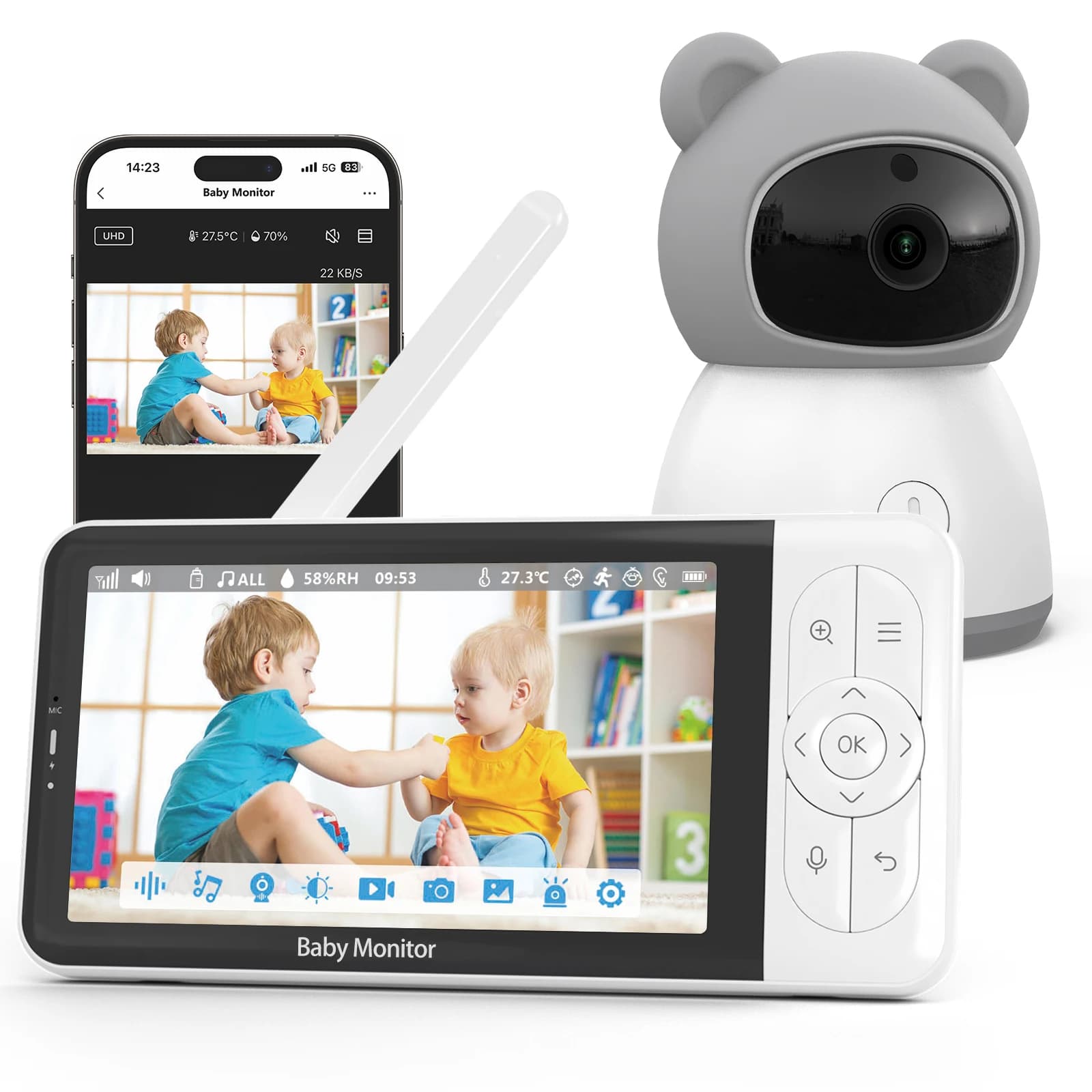 Caméra de surveillance pour bébé Tuya Smart, écran 5 pouces 1080P, détection de température, contrôl