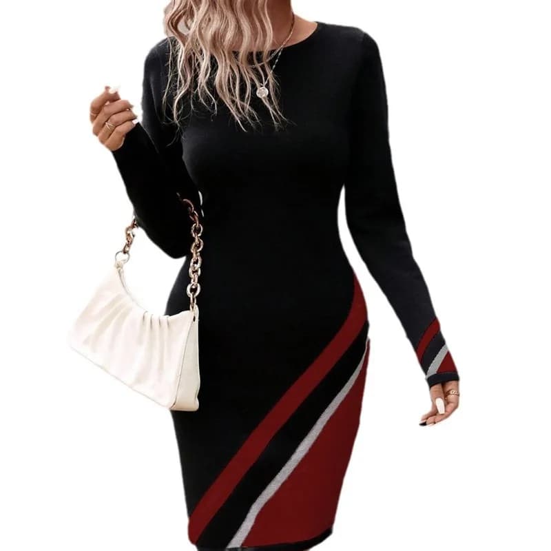 Robe trapèze à manches longues pour femmes, imprimé rayé, col rond, mince, mode élégante, décontract