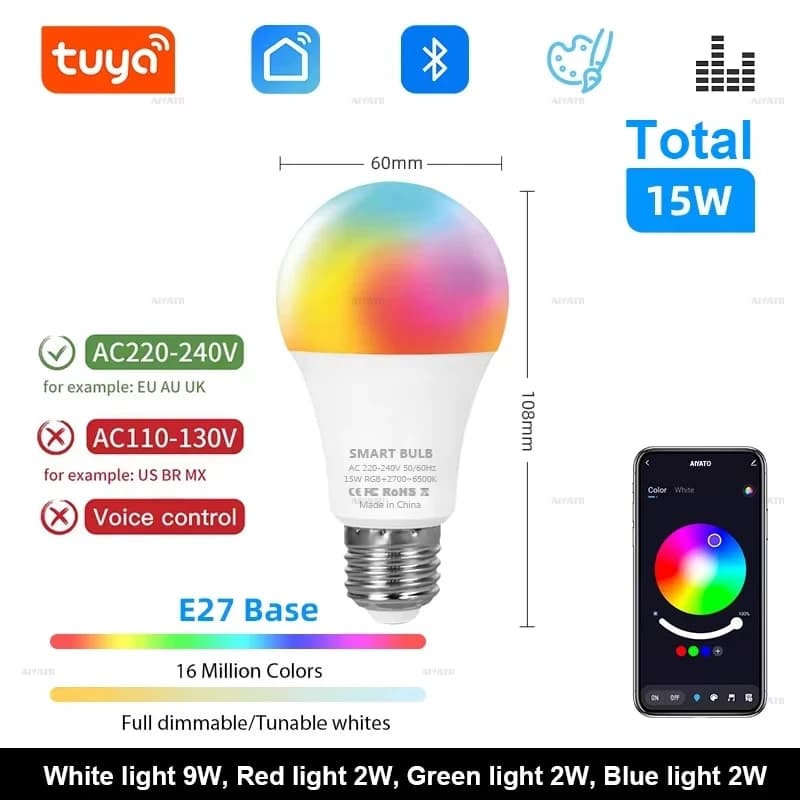 Ampoule LED Bluetooth Tuya Smart Life APP, dimmable, 15W 18W E27 B22 220V RGBCW, changement de coule