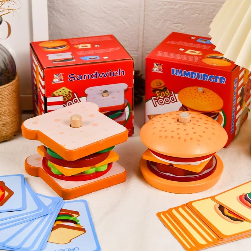 Jouet Montessori pour enfants, Sandwich à Hamburger en bois, frites, tri, jouets empilables, apprent