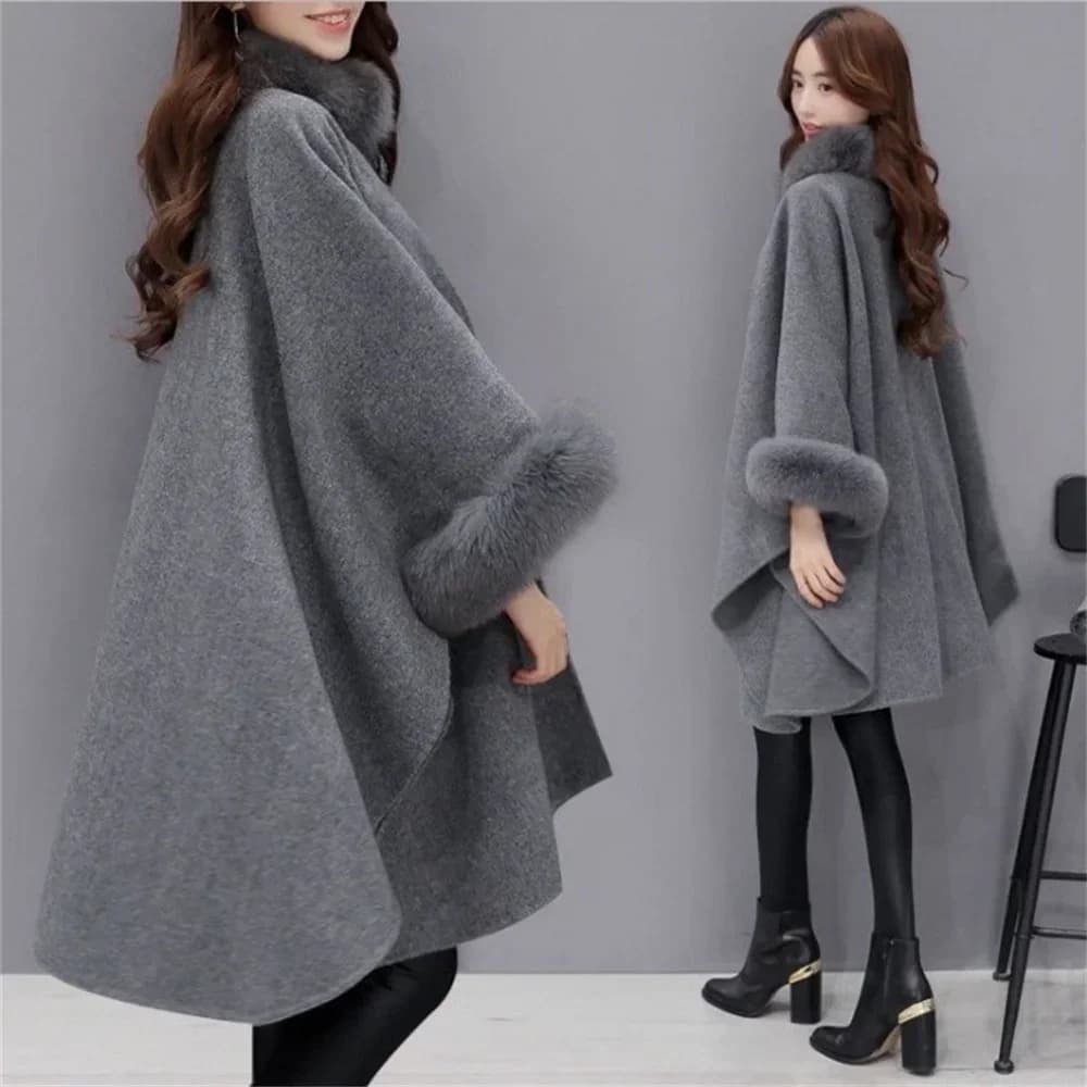 S-5XL hiver chaud mode cape corne boucle laine Poncho Capes femmes fausse fourrure de lapin manches 