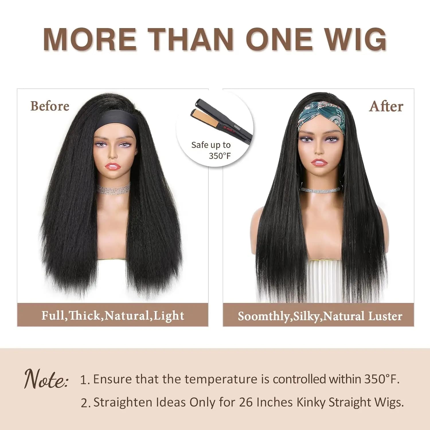 Perruque synthétique Yaki lisse et crépue pour femmes, perruque avec bandeau noir, facile à coiffer,