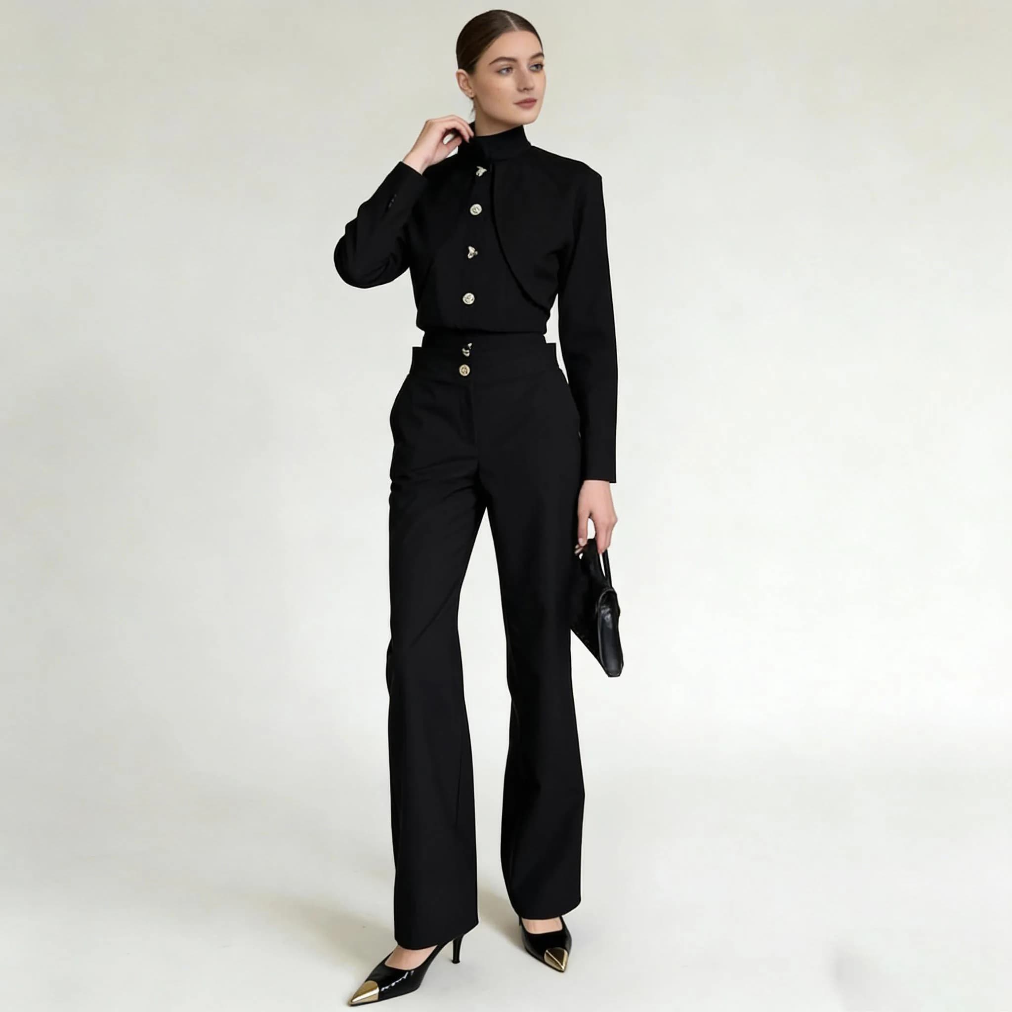 Haut court boutonné à col montant LIMO + pantalon large taille haute, ensemble élégant 2 pièces pour