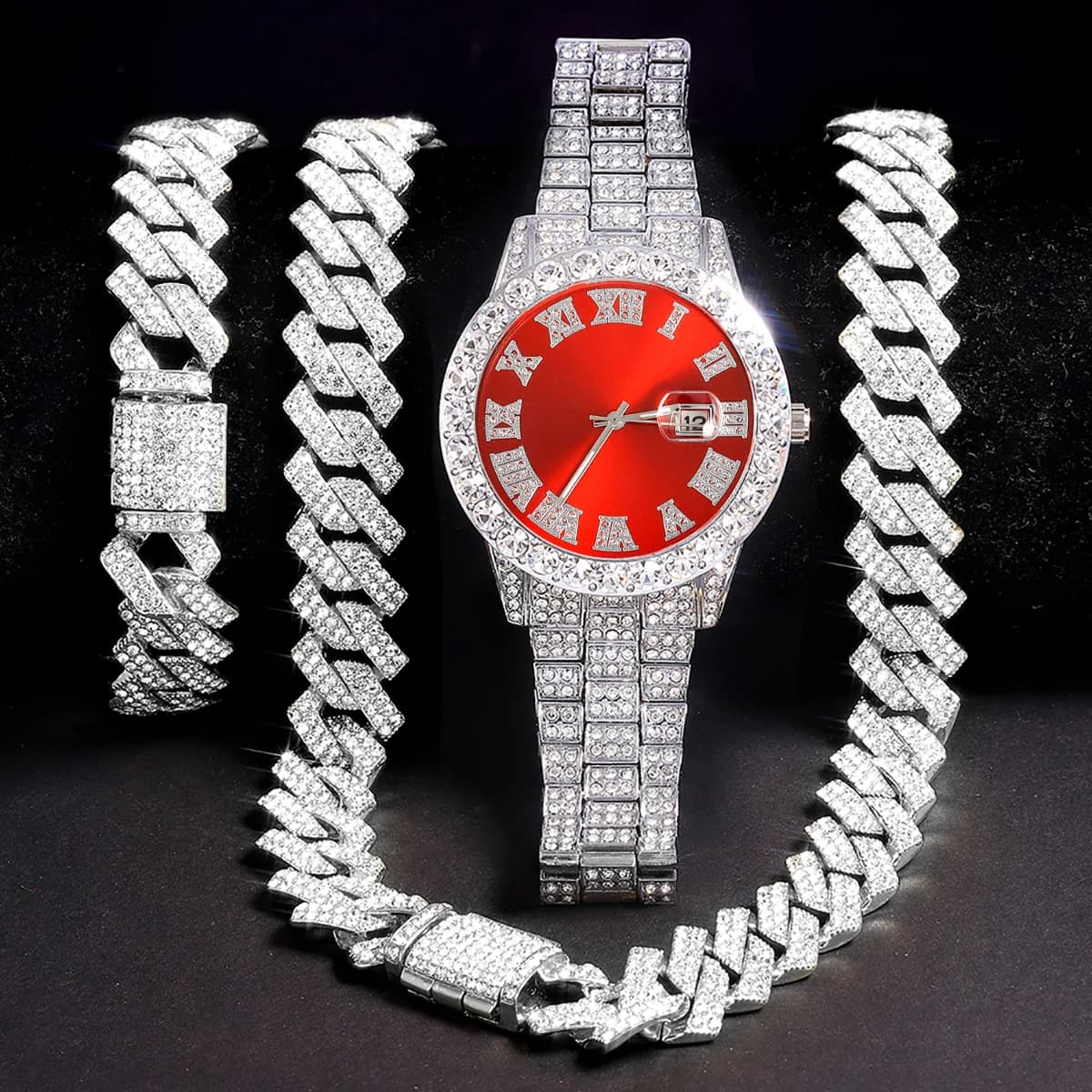 Ensemble de montres en argent pour hommes, 3 pièces, Hip-hop Punk incrusté de diamants + chaîne cuba
