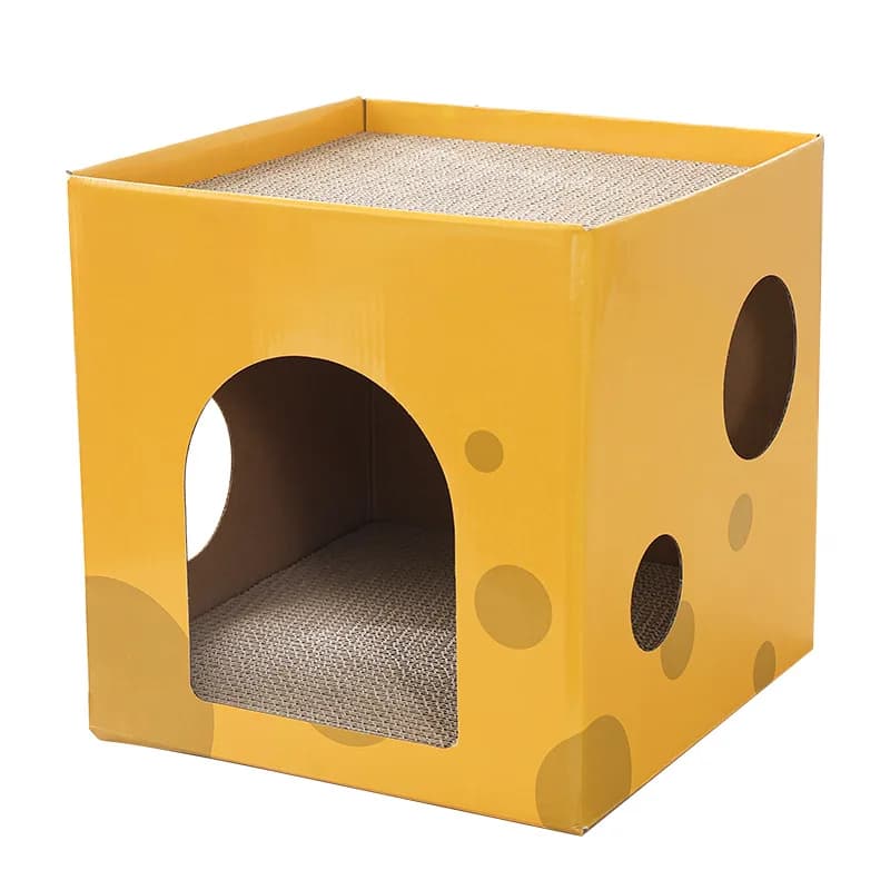 Maison à gratter pour chat en forme de fromage, lit pour chat en carton ondulé 2 en 1, tapis à gratt