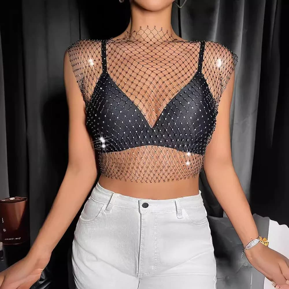 Gilet transparent en maille pour femmes, Sexy, brillant, strass, résille, ajouré, haut court, couver