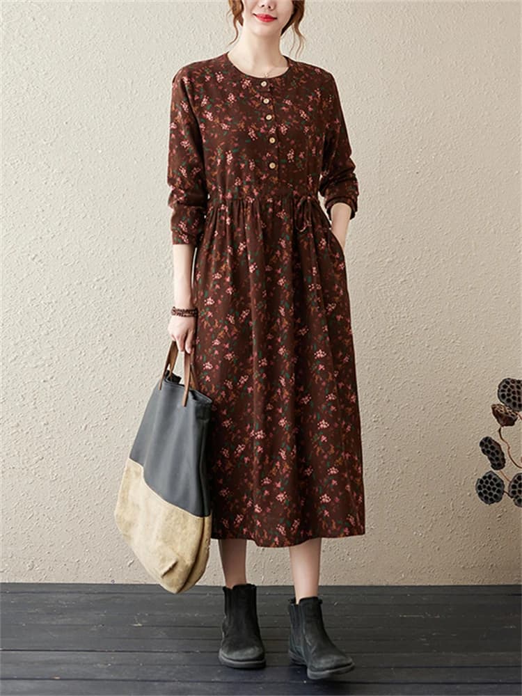 Robes à manches longues en coton et lin à imprimé floral vintage pour femmes, nouvelle collection pr