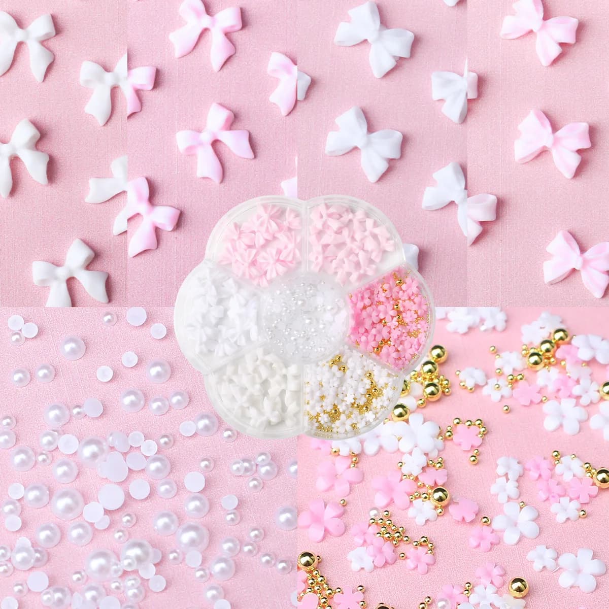 Kit de décorations pour ongles avec nœud floral 3D, 1 boîte, rose/blanc, acrylique Floral/perles de 