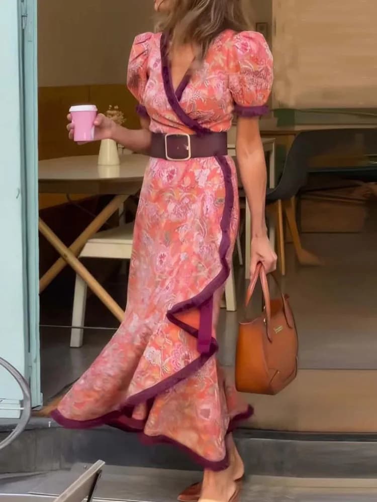 Printemps été dame col en V robe Maxi décontracté femmes fête Club imprimé Patchwork robe Streetwear