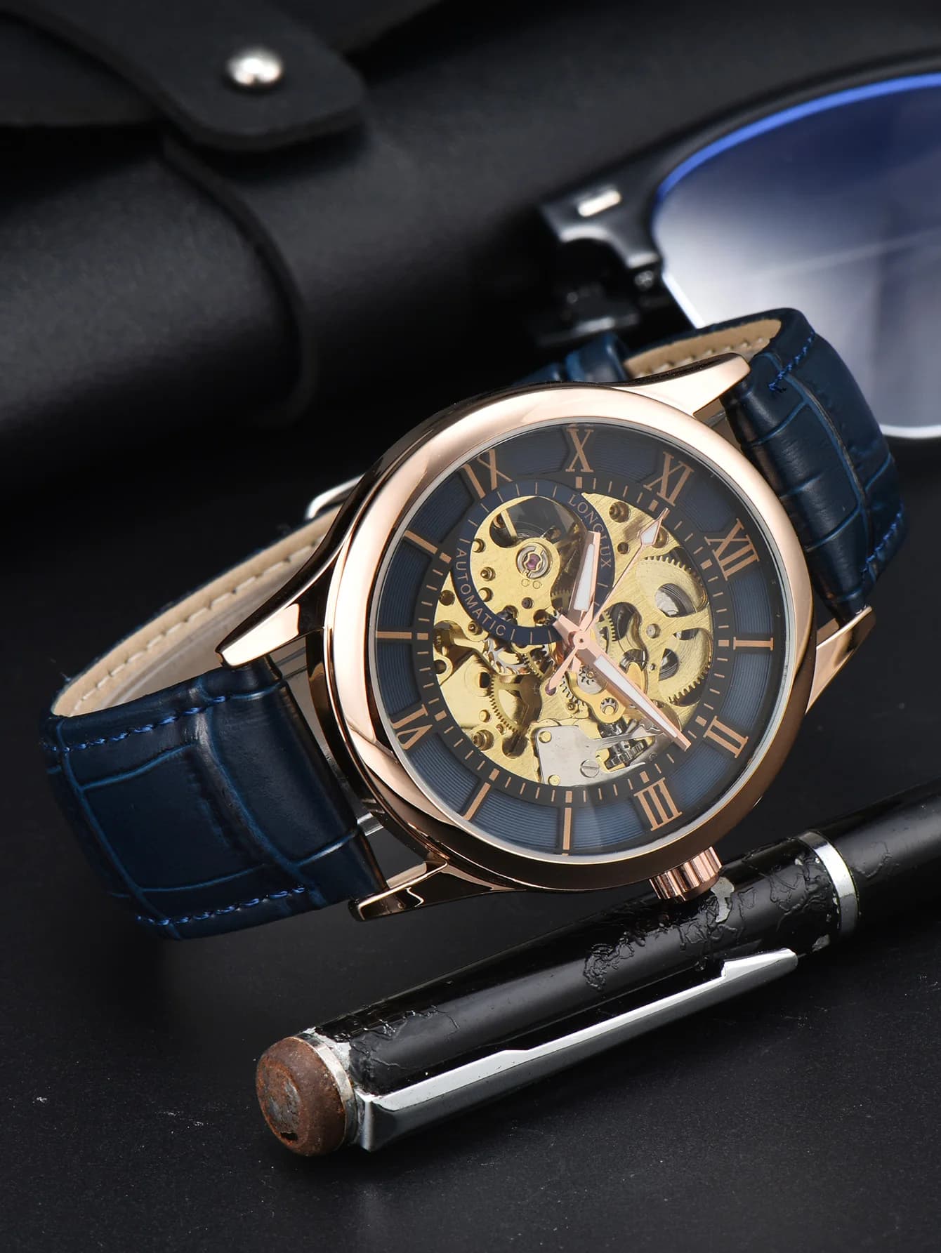 Montre automatique de luxe pour hommes, montres mécaniques rome, squelette étanche, cuir noctilucent