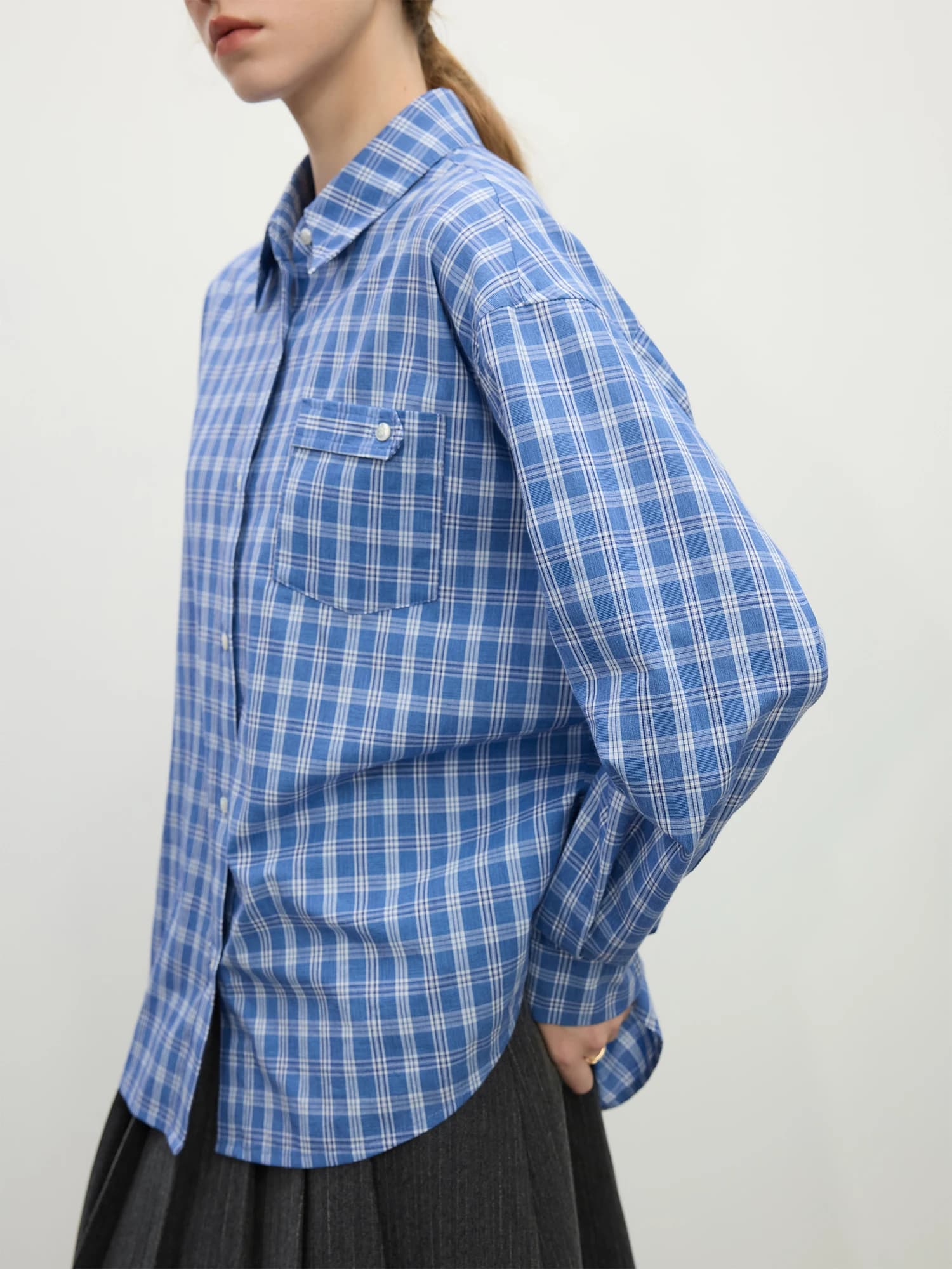 FSLE-Chemise à carreaux bleue à manches longues pour femme, nouveau design, style coréen, streetwear