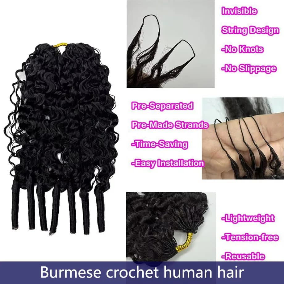 Extensions de cheveux humains bouclés au crochet, style boucles birmanes, pré-séparées, sans nœuds, 