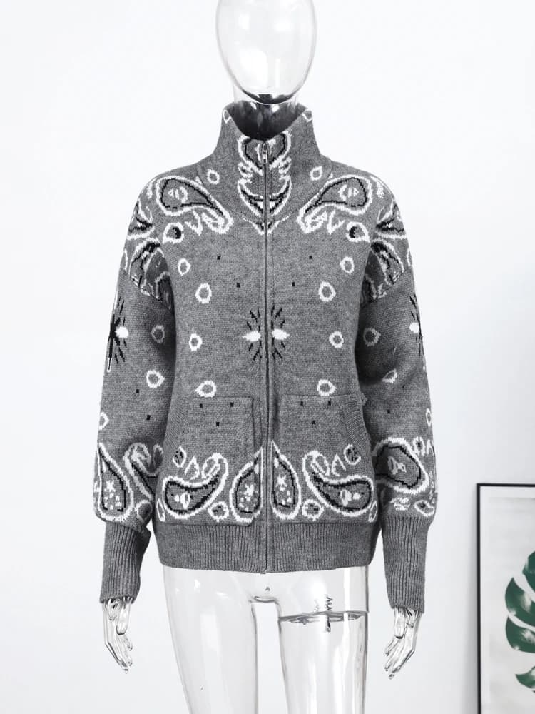 Cardigan Jacquard décontracté pour femmes, ample, col montant, poches zippées, pull assorti avec tou