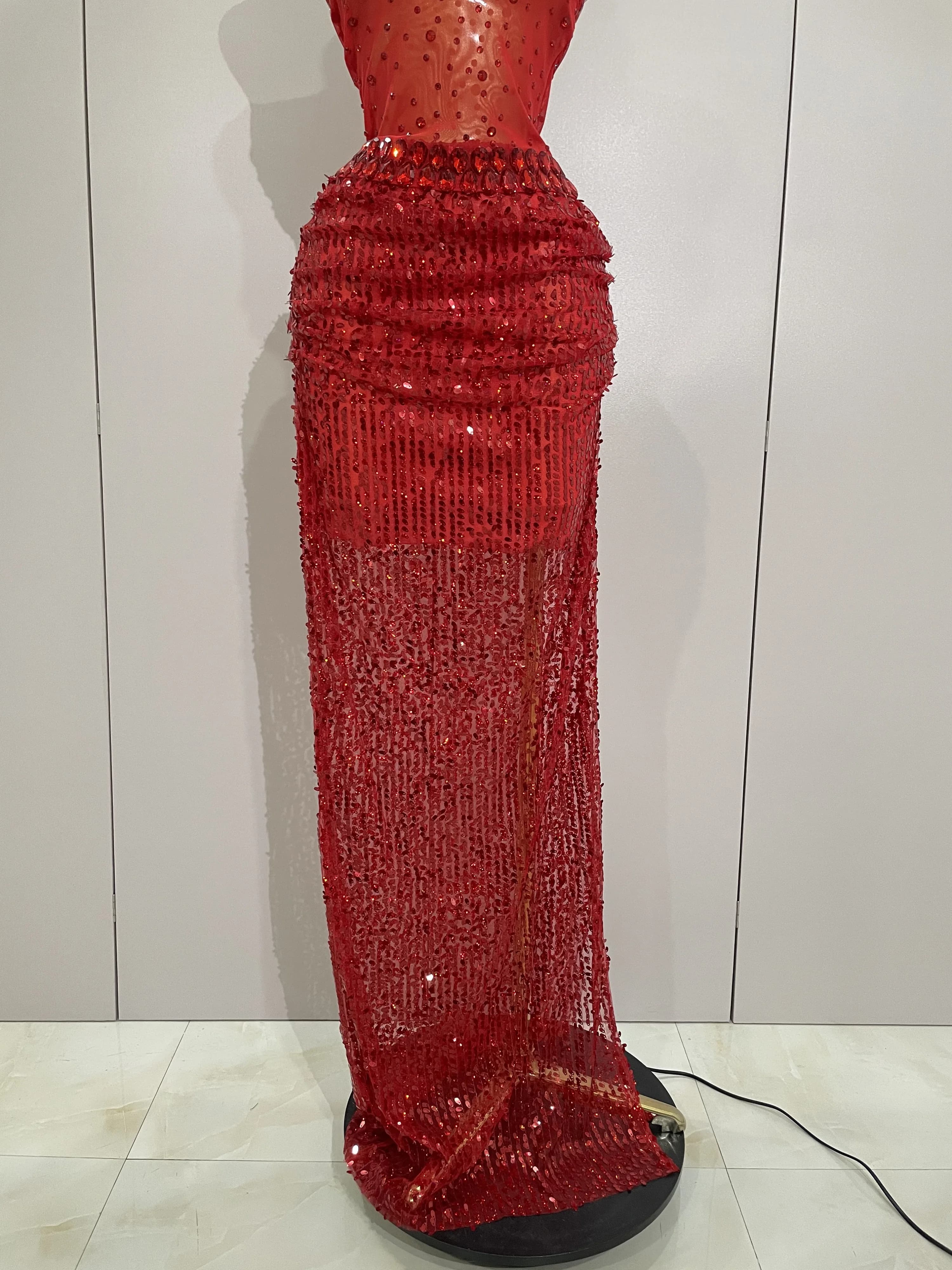 Robe longue 2 pièces transparente et sexy avec strass rouges scintillants et paillettes, pour femmes