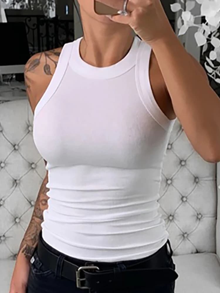 Débardeur côtelé à col rond pour femmes, caraco élastique de base, grande taille