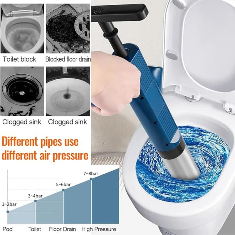 Puissant piston de toilette en acier inoxydable, déboucheur de tuyaux, pneumatique, haute pression, 