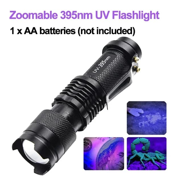 Lampe de poche UV LED 365/395nm, Mini torche ultraviolette Portable, étanche, Zoomable, lumière viol