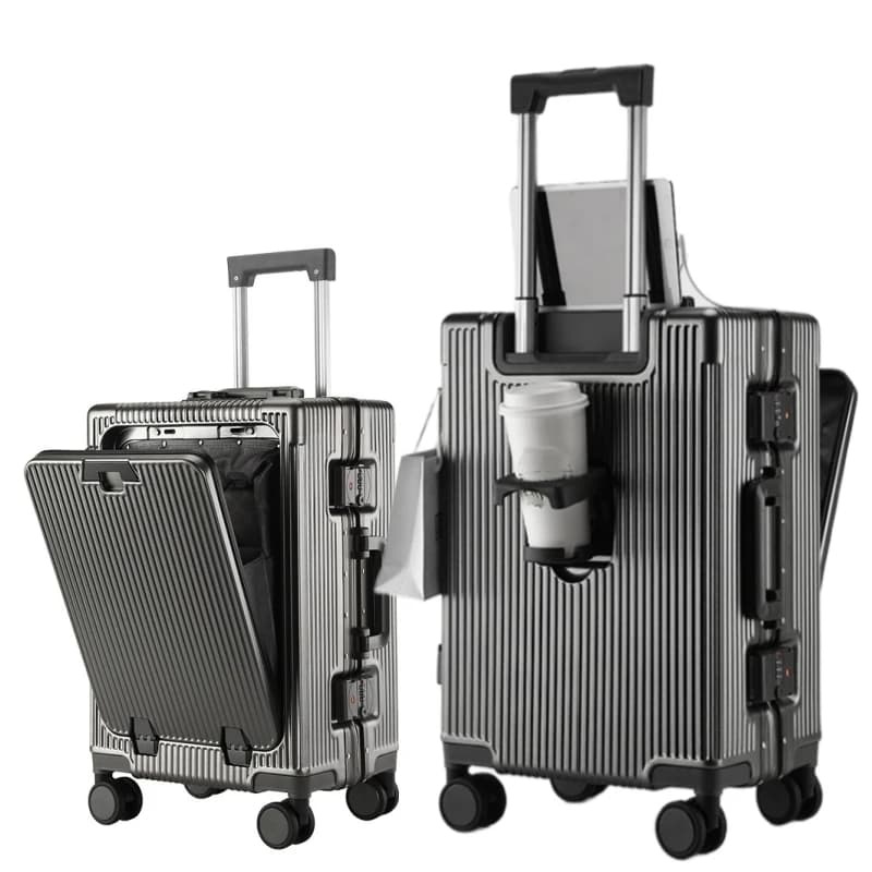 Valise de poche à ouverture avant, cadre en alliage d'aluminium, bagages roulants avec prise de char