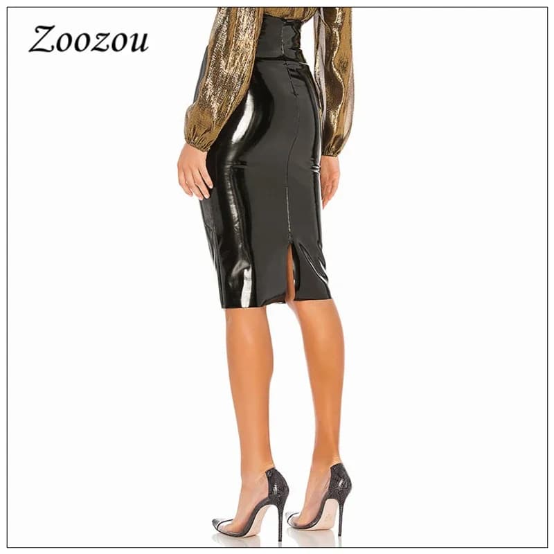 Jupe Midi en Latex et cuir verni PVC pour femmes, taille haute, crayon, élégante, fendue, longueur a