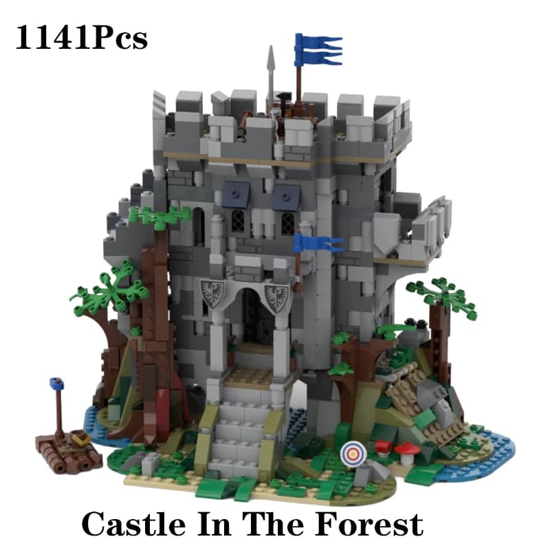 Château médiéval dans la forêt, blocs de construction modulaires, modèle de maison à assembler, joue