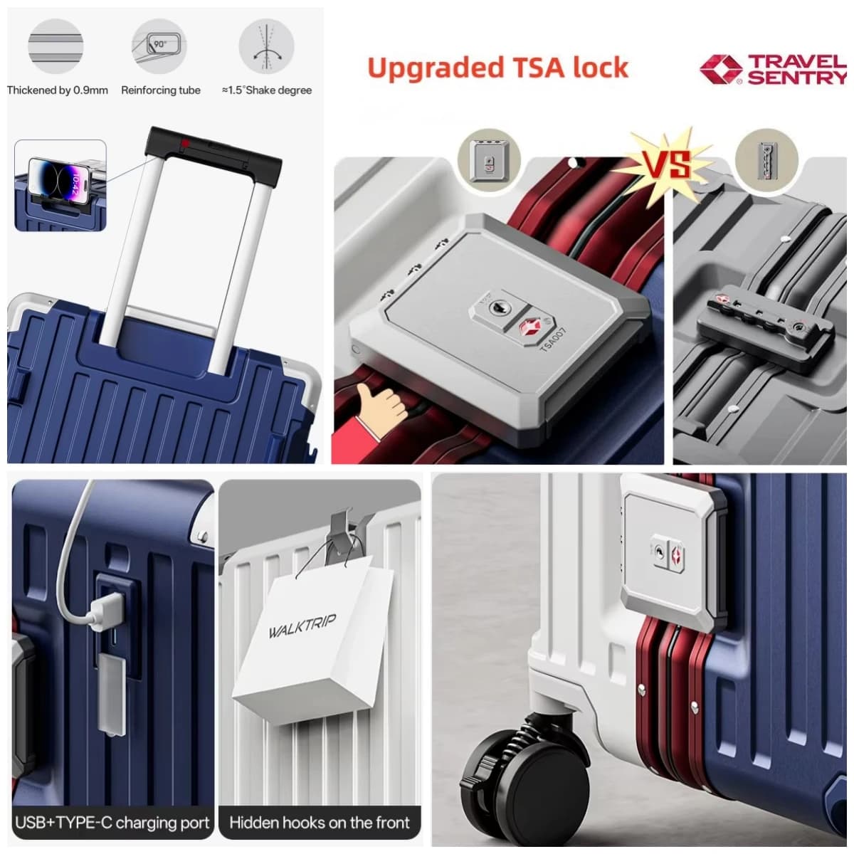 Valise à roulettes grande capacité, coque rigide en PC épais avec cadre en aluminium, serrure TSA, 2