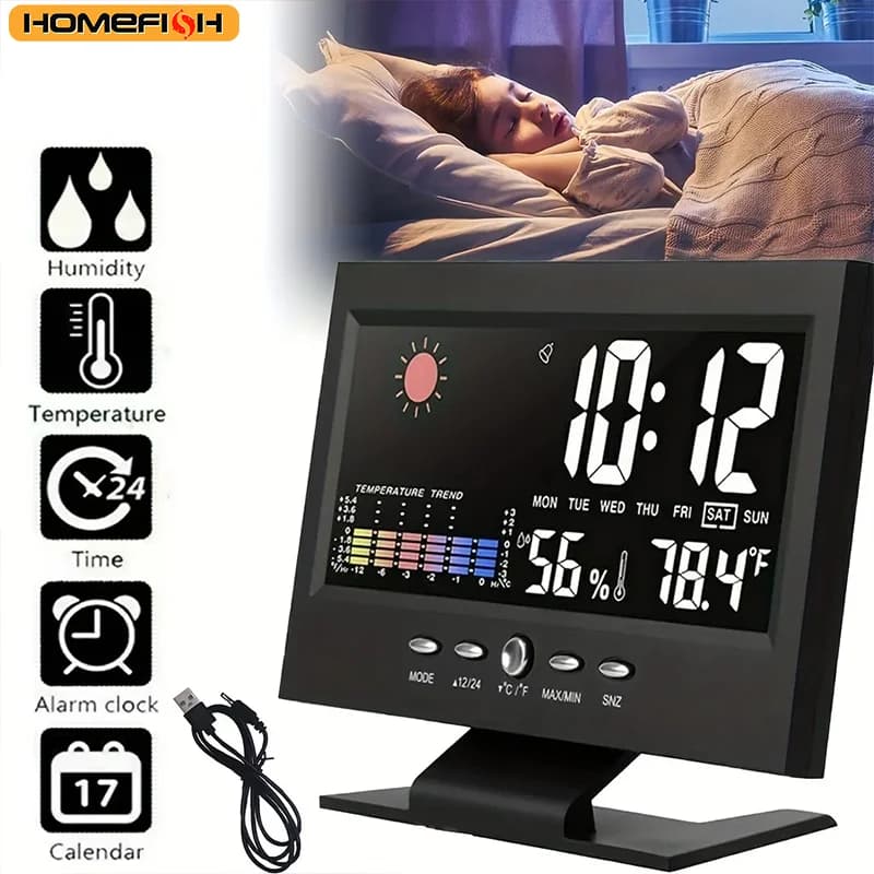 Station météo HOMEFISH, thermomètre hygromètre numérique, horloge, calendrier, tendance, alarme, niv