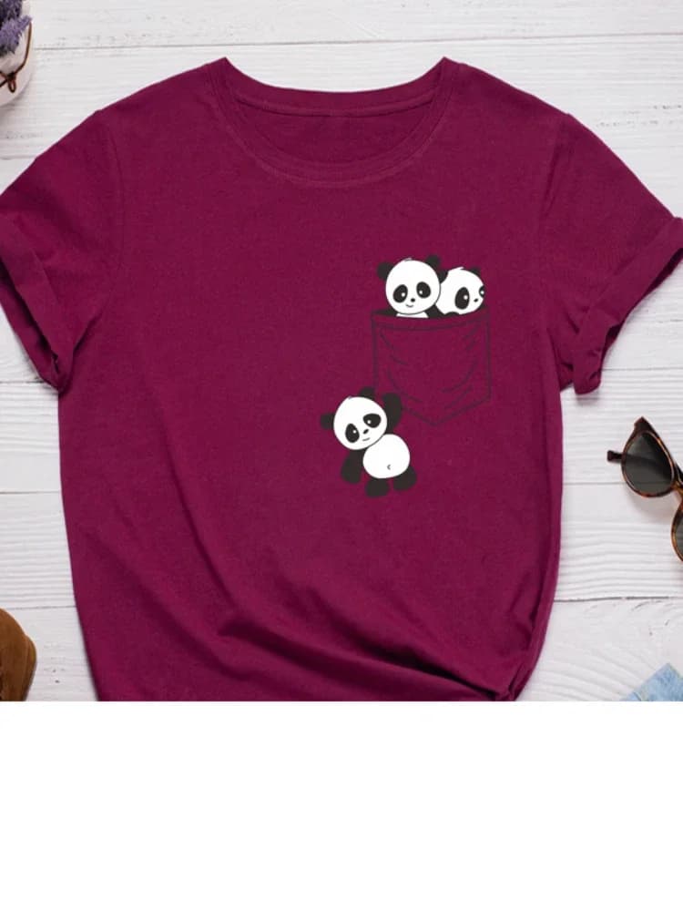 Poche Panda imprimer femmes t-shirt à manches courtes col rond lâche femmes t-shirt dames mode t-shi