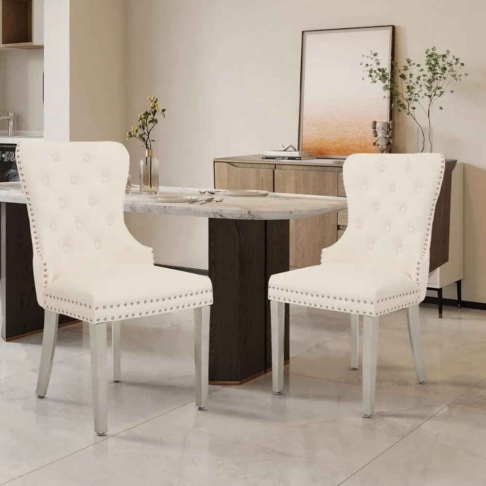 Ensemble de 4 chaises de salle à manger en velours, chaise de salle à manger capitonnée avec anneau 