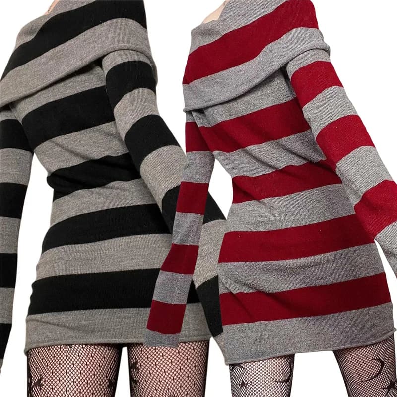 Y2K Pull Rayé Mini Robe Mall Goth Grunge Emo Moulante Chic Femmes Hors Épaule Manches Longues Slim F