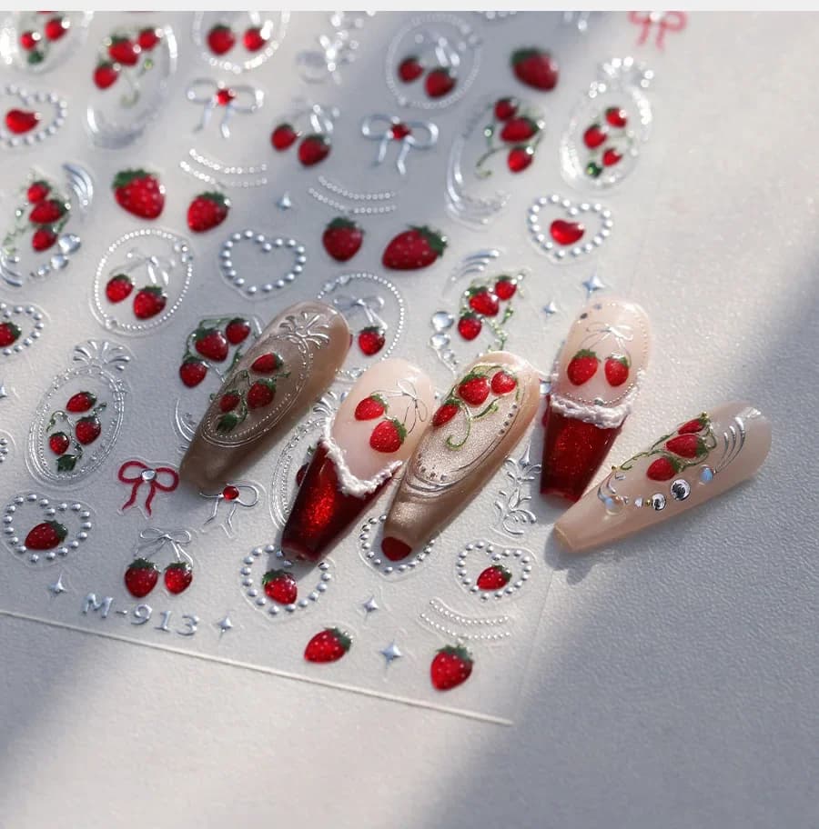 Autocollants de manucure auto-adhésifs 5D, joli fruit rouge, fraise, cerise, nœud papillon, amour, c