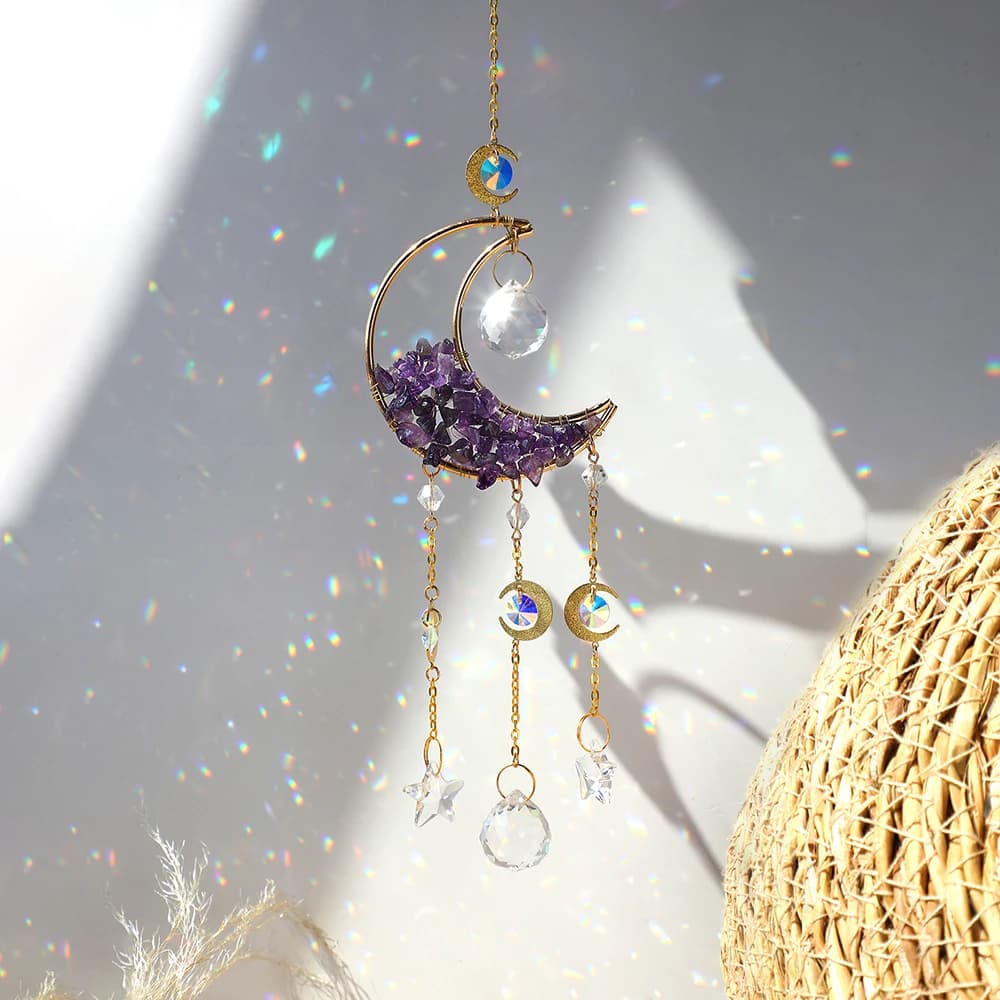 Améthyste Suncatcher lune cristal pierre précieuse Windchime Sun Catcher décor à la maison arc-en-ci
