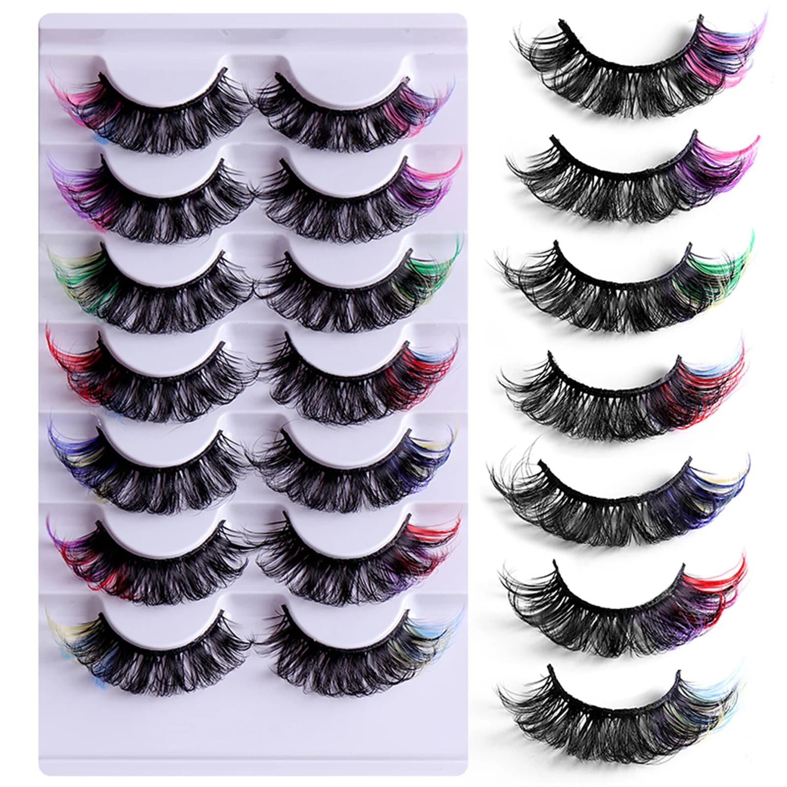 7 paires de cils colorés moelleux Faux cils de vison avec couleur, Volume de boucle D dramatique Lon