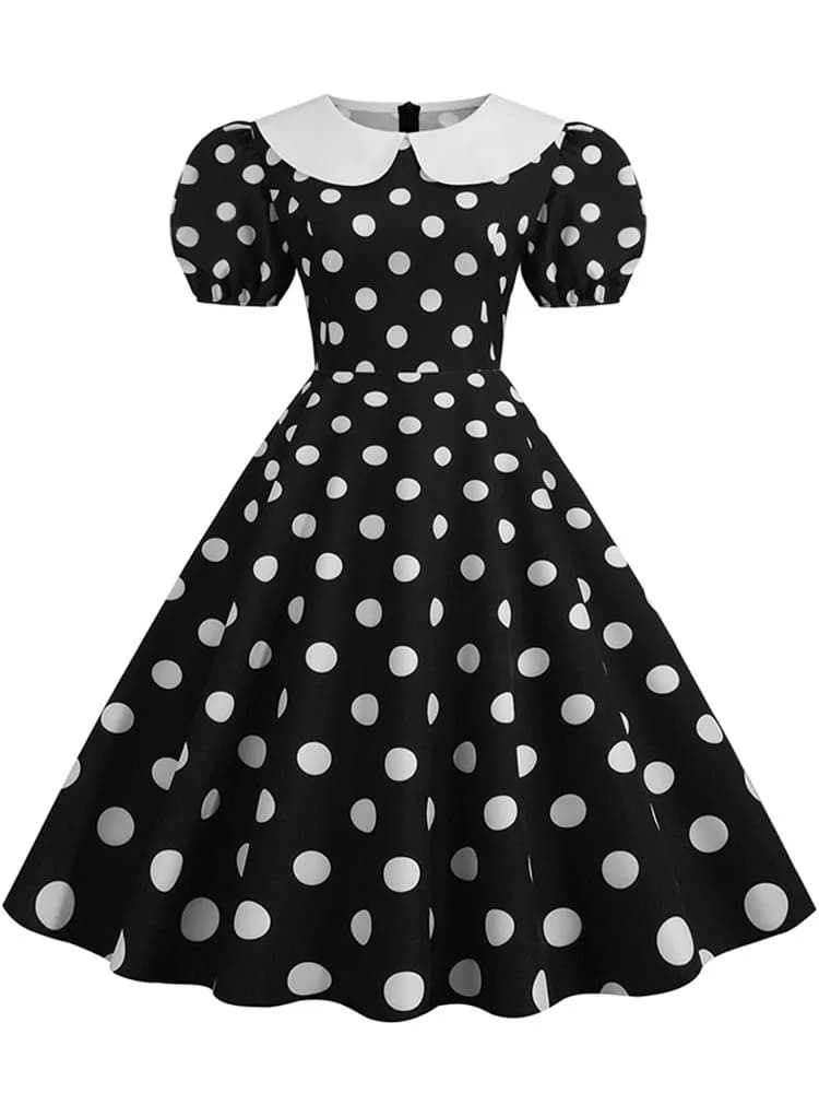 Robe d'été élégante pour femme, manches courtes bouffantes, à pois, col Peter Pan, style vintage, co