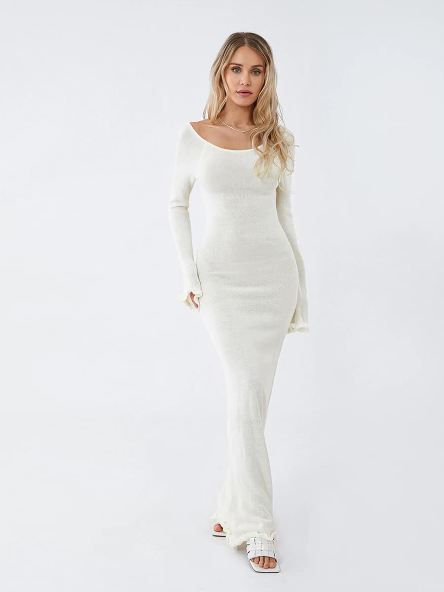 Robe moulante tricotée pour femmes, manches longues, cravate, dos nu, col rond, couleur unie, garnit